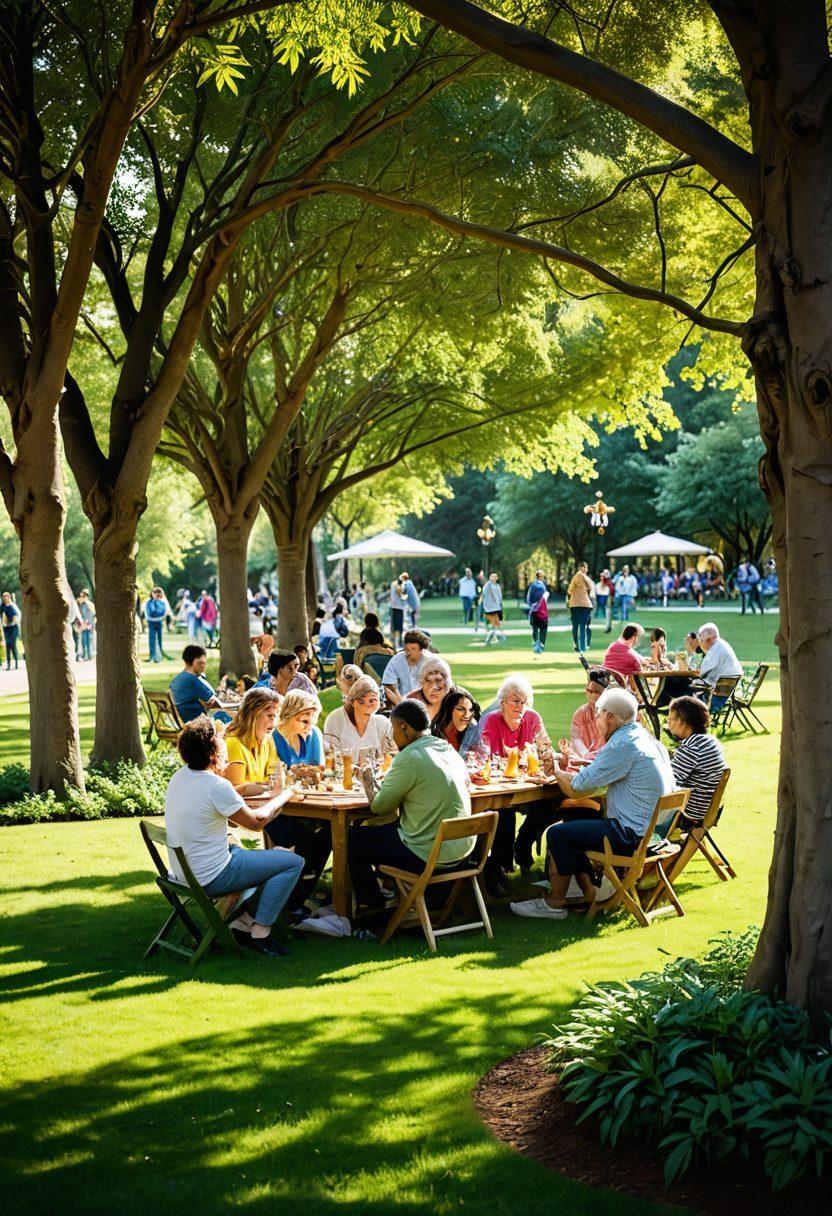A diverse group of people of different ages and backgrounds joyfully engaging in a community activity, symbolizing connection and bonding. The scene depicts a lush green park with colorful decorations, laughter, and shared moments— highlighting unity and togetherness. Soft sunlight filters through trees, casting warm light on their smiles. super-realistic. vibrant colors. warm atmosphere.