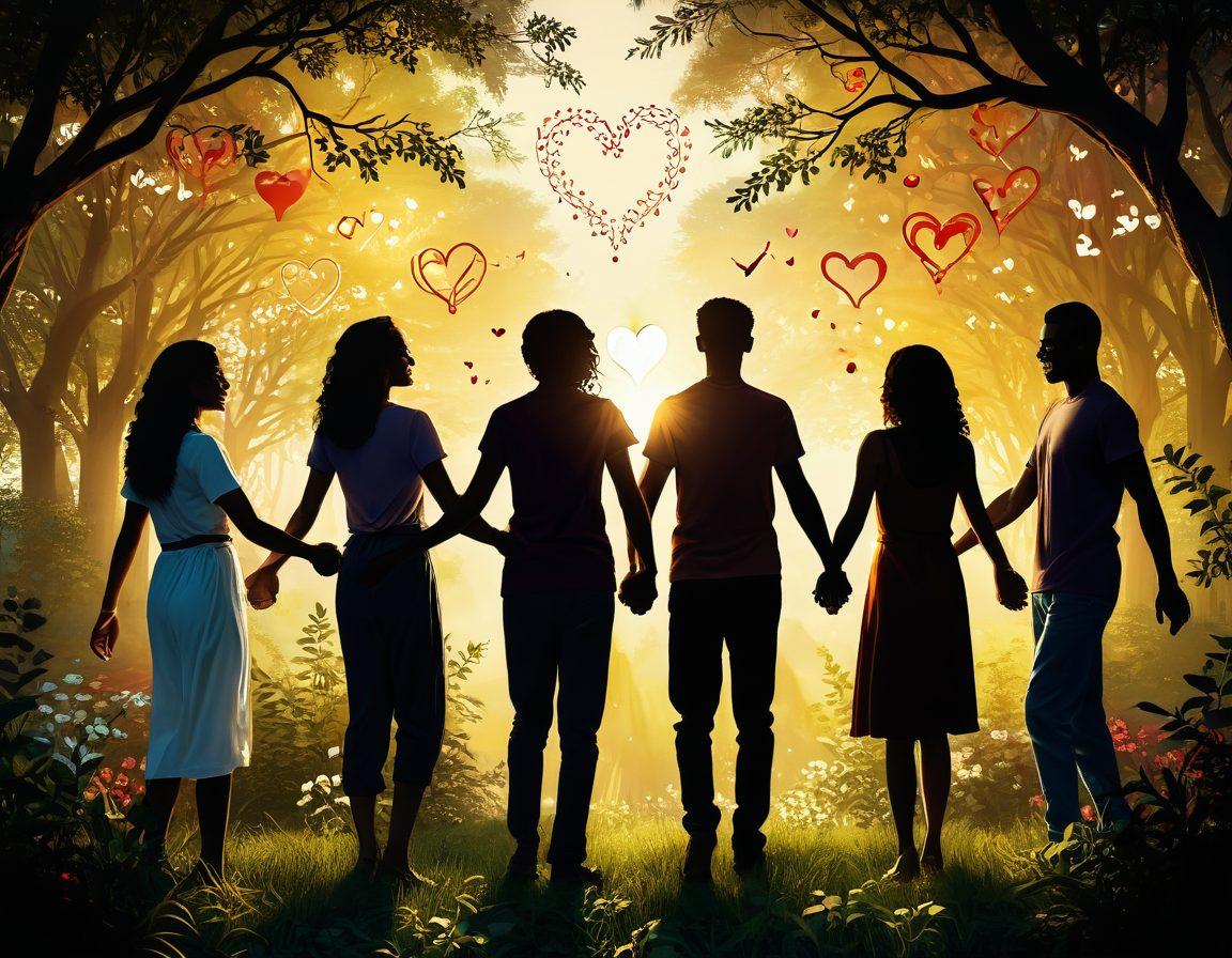 A diverse group of people from various backgrounds, joyfully helping each other, sharing laughter and support in a warm, inviting environment. Soft, glowing light emphasizes their bonds, with symbols of connection such as intertwined hands or hearts floating around them. The setting showcases nature, symbolizing growth and harmony. super-realistic. vibrant colors. warm background.