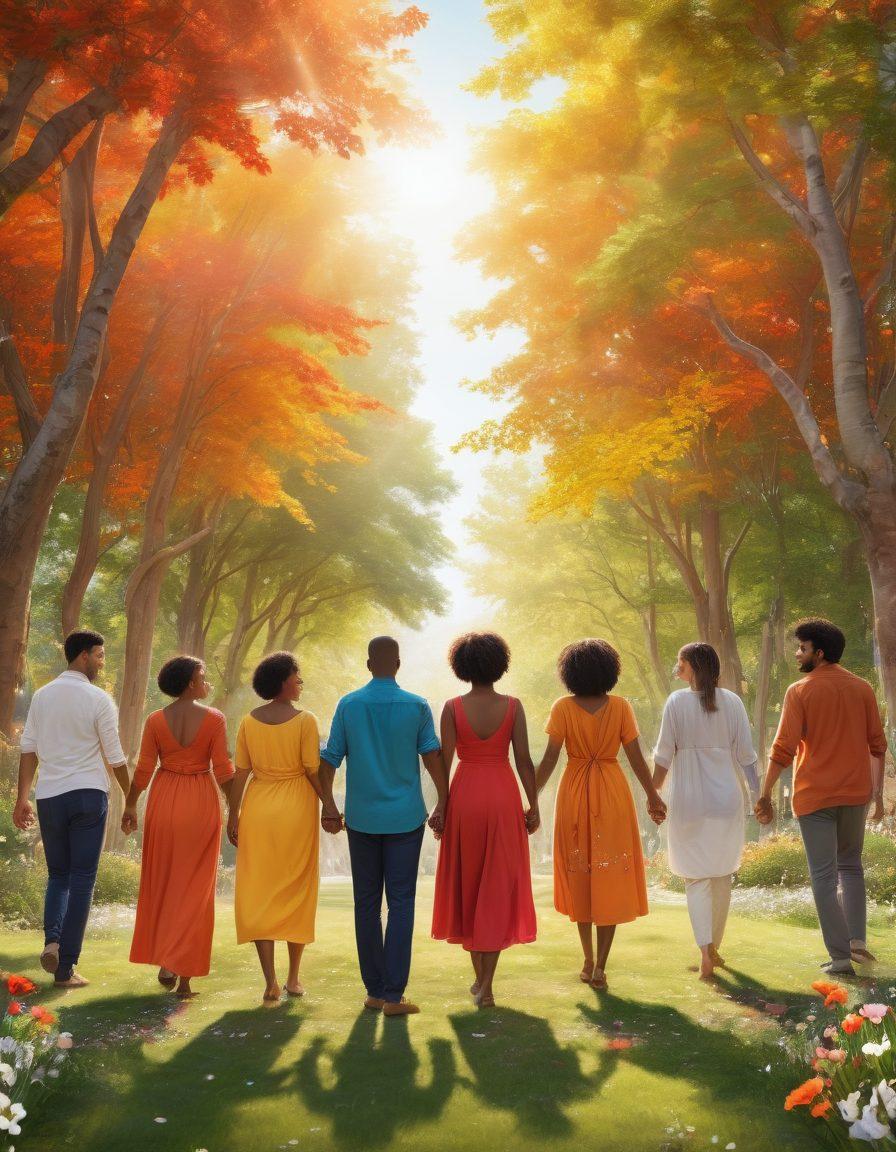 A diverse group of people coming together in a circle, holding hands and smiling, radiating a sense of warmth and unity. In the background, there are colorful banners symbolizing love and collaboration, with nature elements like trees and flowers enhancing the scene. The atmosphere is vibrant and uplifting, capturing the essence of community spirit. super-realistic. vibrant colors. peaceful environment.